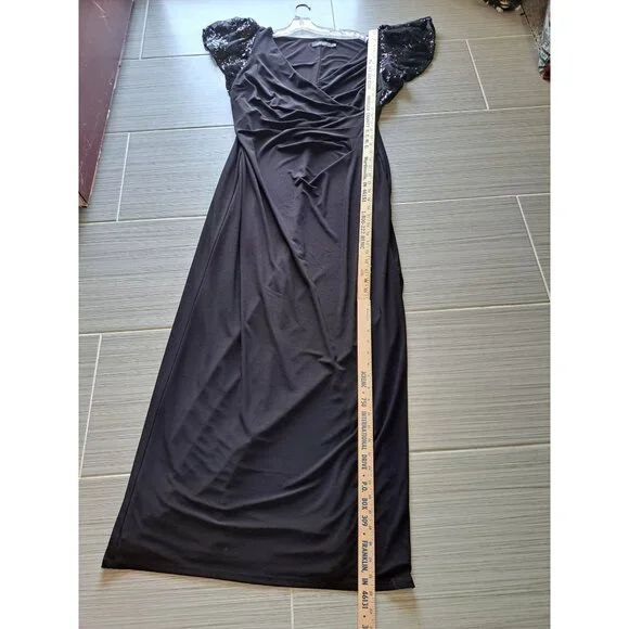 Lauren Ralph Lauren Black Gown Sequined Flutter Sleeves Size 14 Draped  Women's - Picture 11 of 11